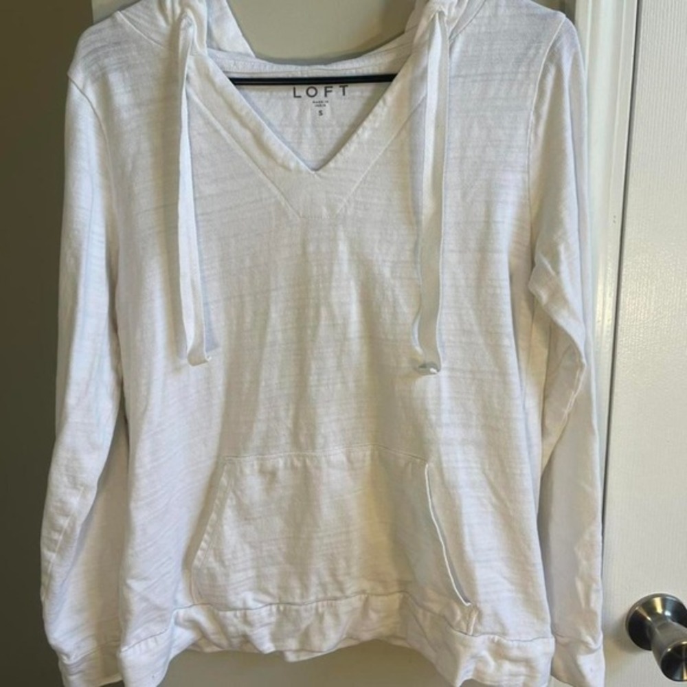 LOFT Womens White Slub Knit V-Neck Pullover Hoodie Sweatshirt Size S